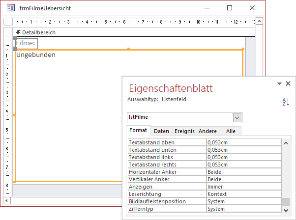 Entwurf des Formulars zur Anzeige der Filmübersicht