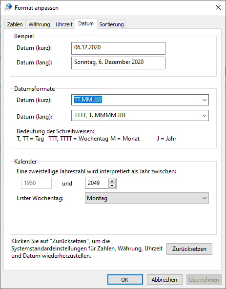 Einstellung für die Interpretation zweistelliger Jahreszahlen