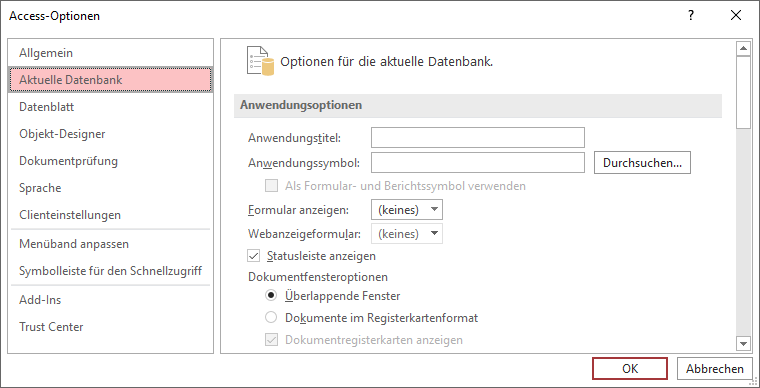 Einstellen der Dokumentfensteroptionen