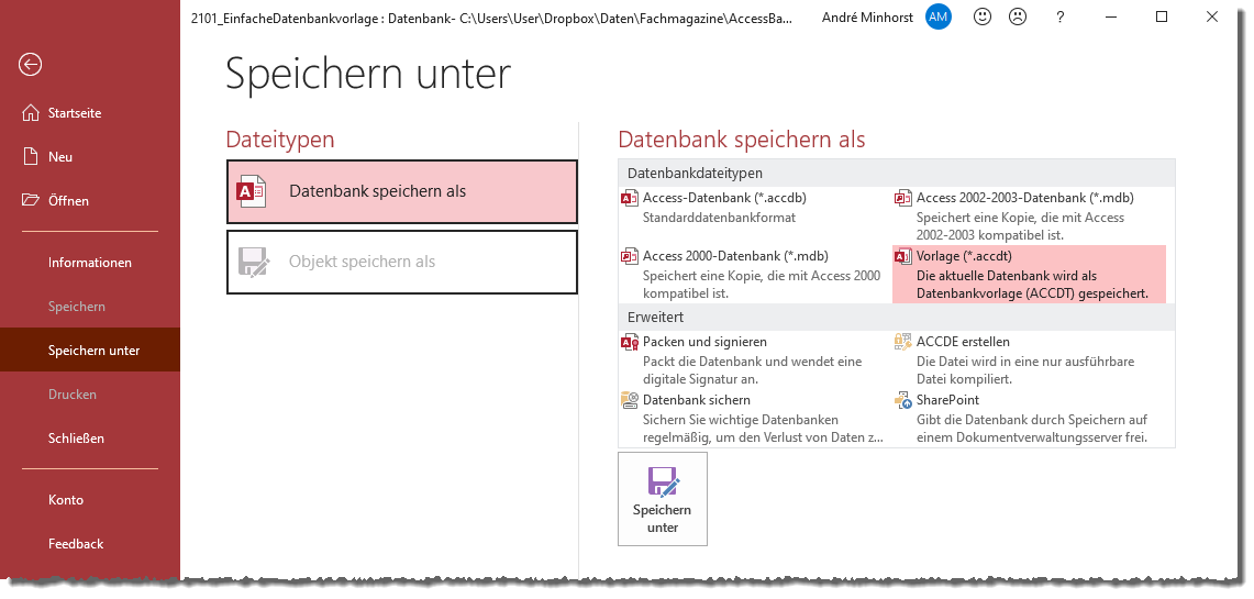 Bereich zum Speichern von Access-Datenbanken, hier als Access Datenbankvorlage