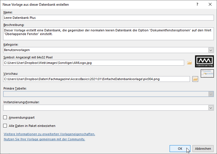 Angaben zum Erstellen einer Access-Datenbankvorlage