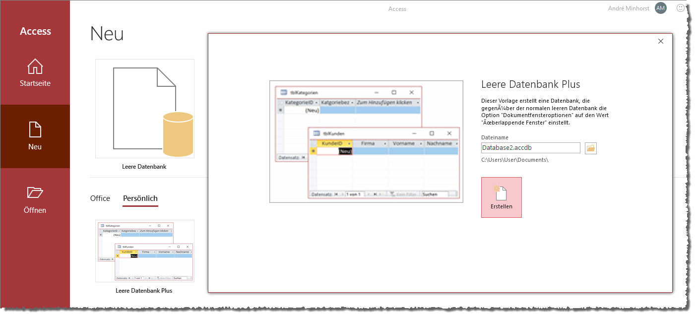 Die neue Access Datenbankvorlage beim Neustart von Access