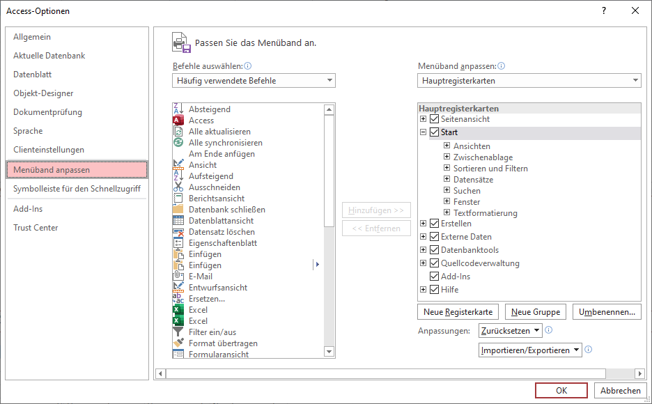 Optionen des Bereichs Menüband anpassen