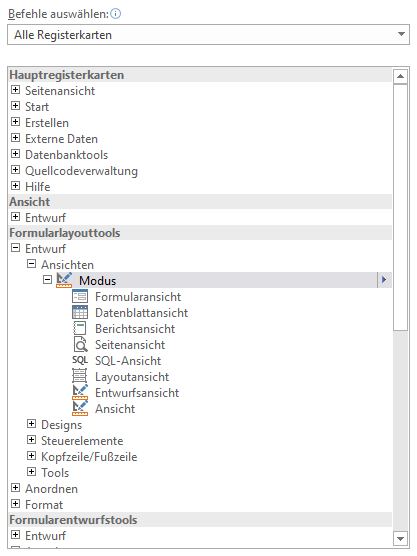 Auswahl aus allen Registerkarten