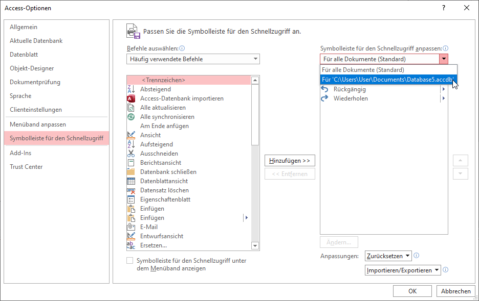 Schnellzugriffsleiste anpassen per Optionen-Dialog