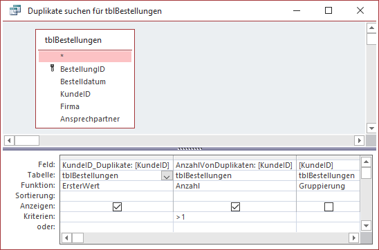 Abfrage zum Finden von doppelten Werten im Feld KundeID