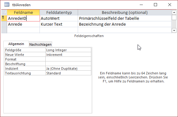 Tabelle mit dem an der Beziehung beteiligten Primärschlüsselfeld