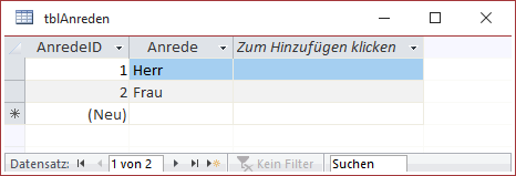 Datensätze der Tabelle tblAnreden