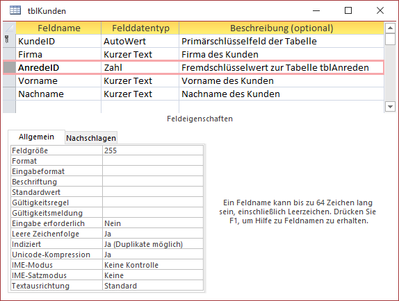 Tabelle mit dem an der Beziehung beteiligten Fremdschlüsselfeld