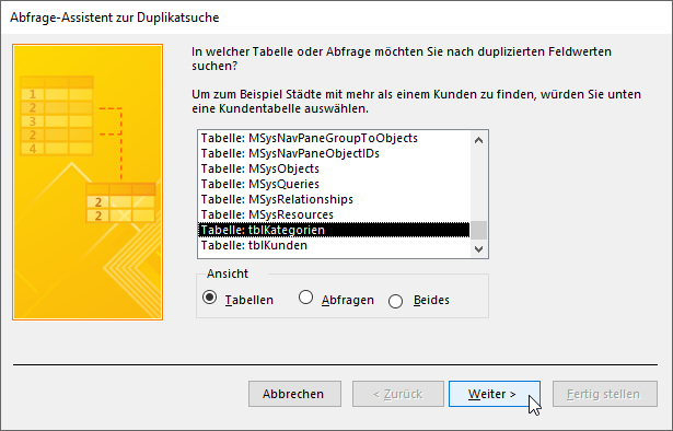 Auswahl der zu untersuchenden Tabelle