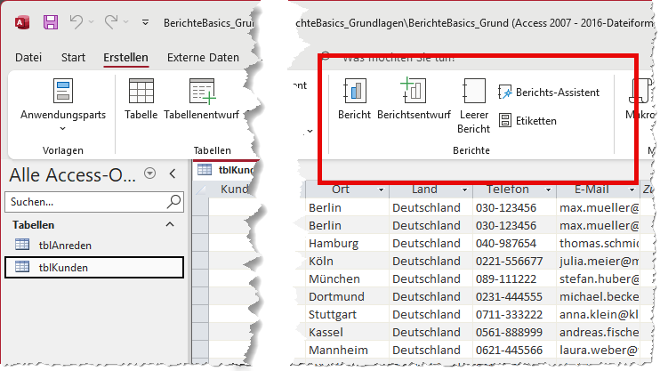 Optionen zum Erstellen eines neuen Berichts