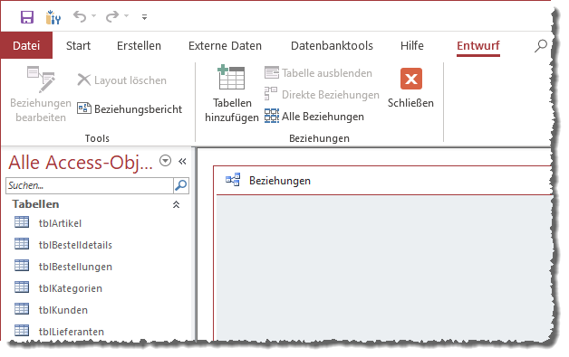 Beziehungen-Fenster und seine Werkzeuge