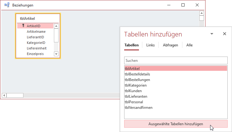 Anzeigen des Dialogs zum Hinzufügen von Tabellen