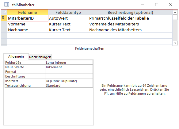Entwurf der Tabelle tblMitarbeiter