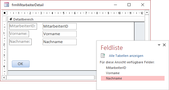 Das Formular frmMitarbeiterDetail in der Entwurfsansicht