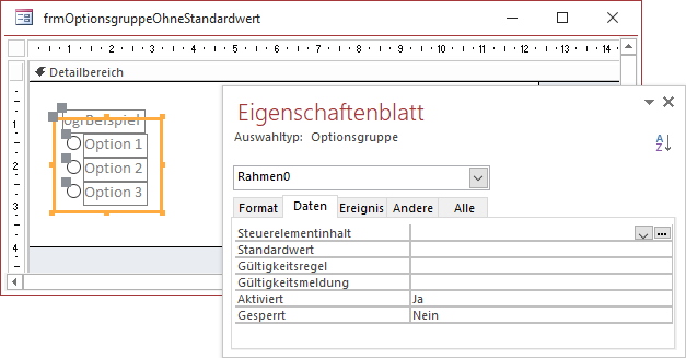 Optionsgruppe ohne Standardwert