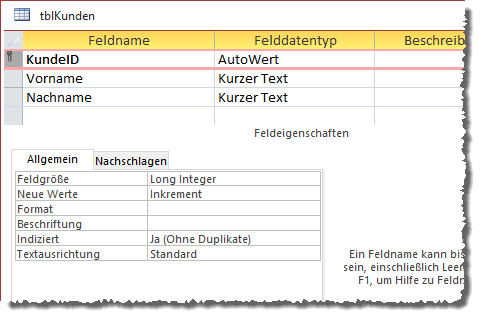 Primärschlüsselfeld mit eindeutigem Index