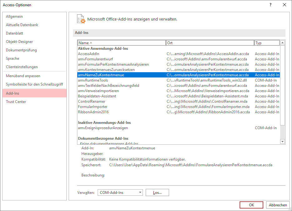 Der Bereich Add-Ins in den Access-Optionen