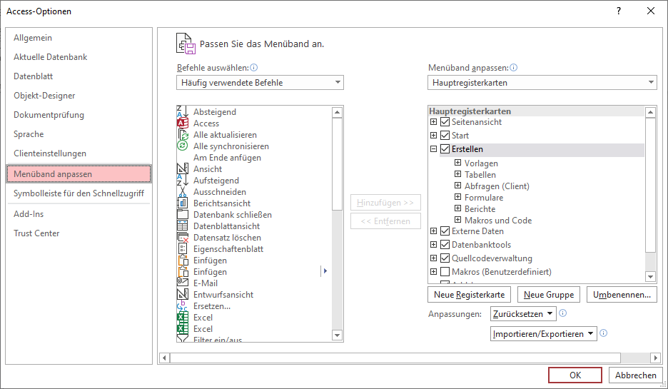 Bereich des Optionen-Dialogs zum Anpassen des Menübands