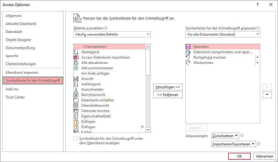 Bereich des Optionen-Dialogs zum Anpassen der Schnellzugriffsleiste
