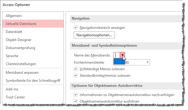 Option zum Auswählen des Menübands für eine Anwendung