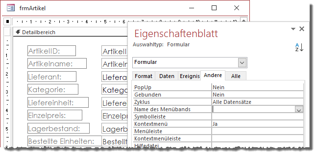 Option zum Auswählen des Menübands für ein Formular