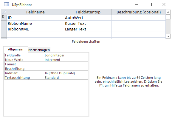 Entwurf der Tabelle zum Speichern der Ribbondefinitionen