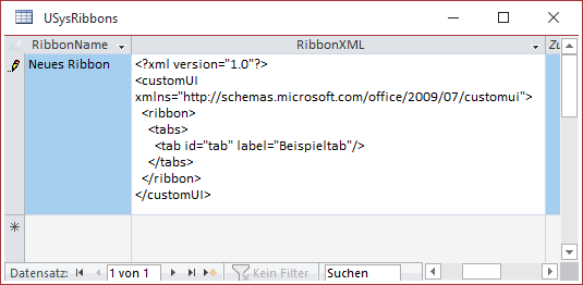 Eine erste Ribbondefinition in der Tabelle USysRibbons