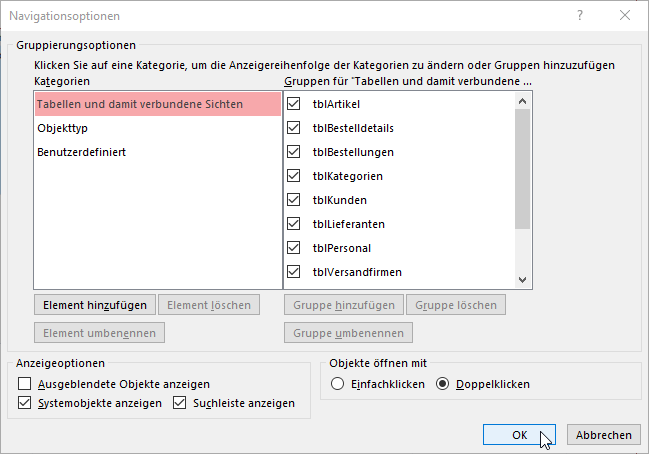 Einblenden der Systemtabellen