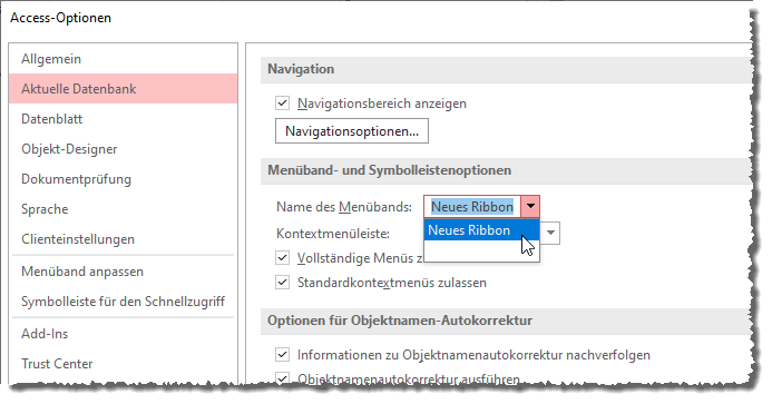 Auswählen des benutzerdefinierten Ribbons als Anwendungsribbon