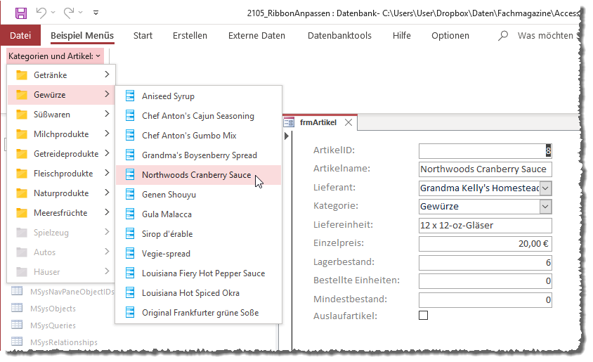 dynamicMenu-Element mit Kategorien und Artikeln