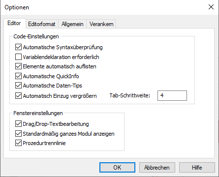 Optionen des VBA-Editors, hier der Bereich Editor