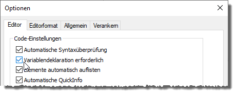 Aktivieren der Option Variablendeklaration erforderlich