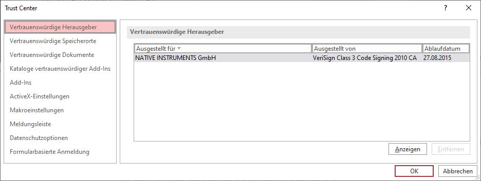 Der Bereich Vertrauenswürdige Herausgeber im Dialog Trust Center