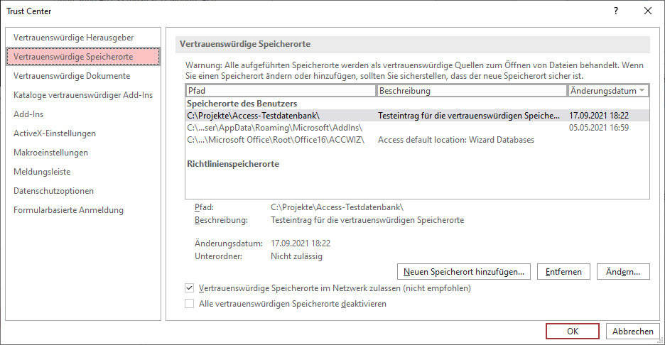 Der Bereich Vertrauenswürdige Speicherorte im Dialog Trust Center