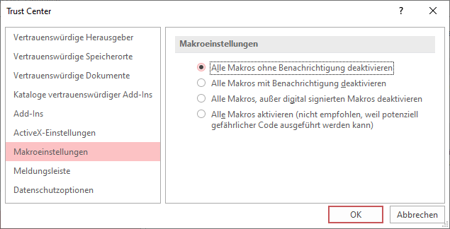 Option zum Deaktivieren von VBA-Code ohne Rückmeldung