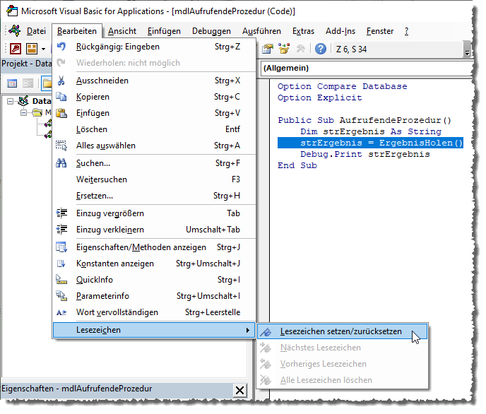 Setzen eines Lesezeichens für die aktuelle Zeile
