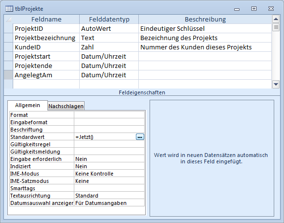 Anlegen einer Datumsfunktion als Standardwert eines Tabellenfeldes