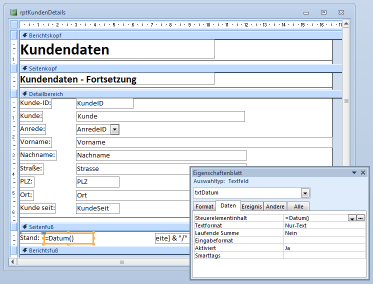 Verwenden einer Datumsfunktion im Seitenfuß eines Berichts