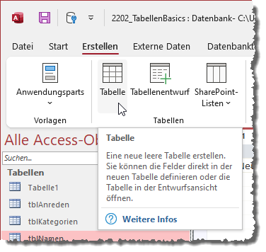 Anlegen einer neuen Tabelle über die Datenblattansicht