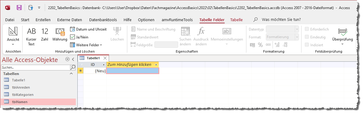 Entwurf einer neuen Tabelle über die Datenblattansicht