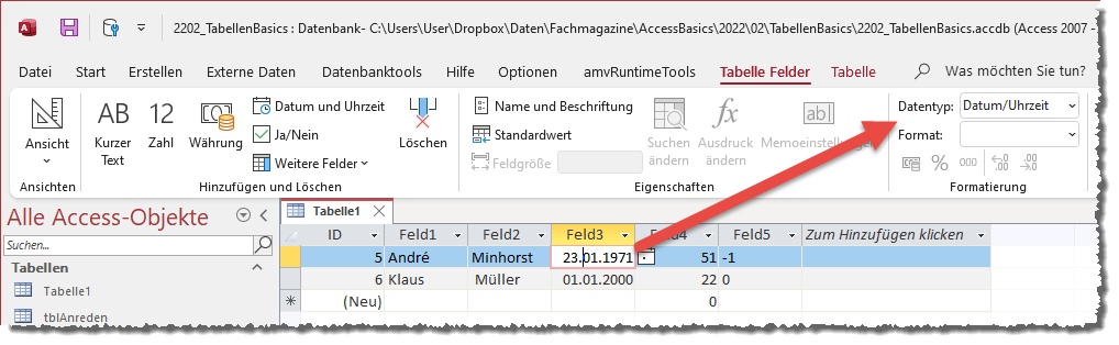 Automatisches Festlegen von Datentypen auf Basis der Inhalte