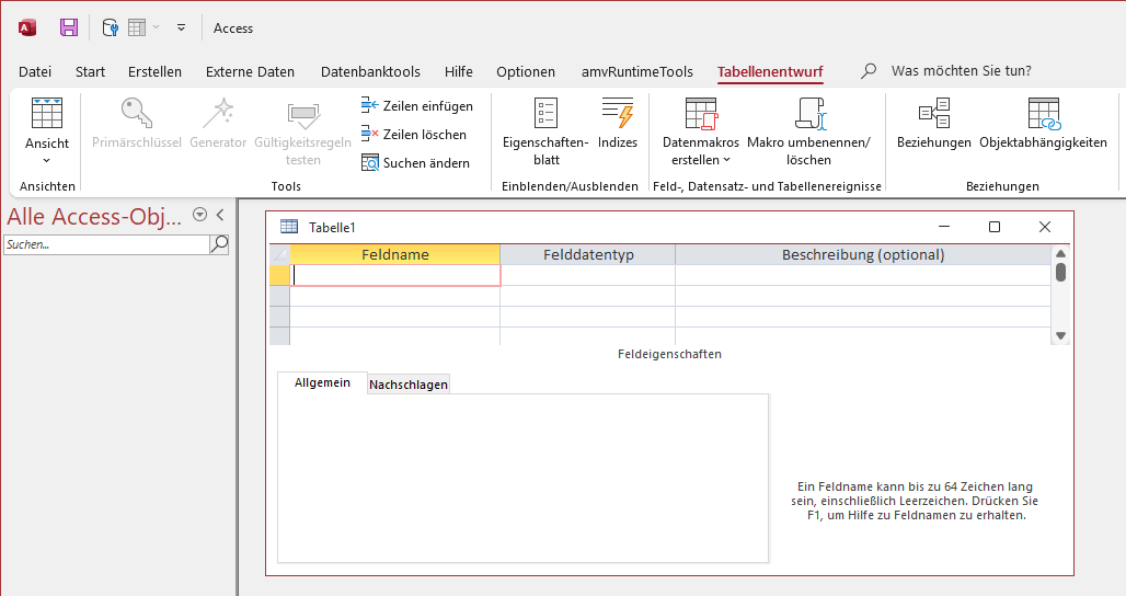 Ausgangsposition beim Erstellen einer Tabelle in der Entwurfsansicht