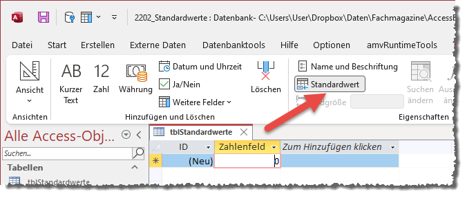 Aufruf des Dialogs zum Einstellen von Standardwerten in der Datenblattansicht