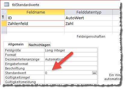 Einstellen eines Standardwerts in der Entwurfsansicht