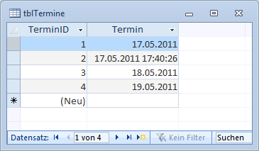 Tabelle mit einigen Terminen