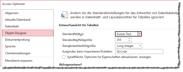 Einstellen des Standardfelddatentyps