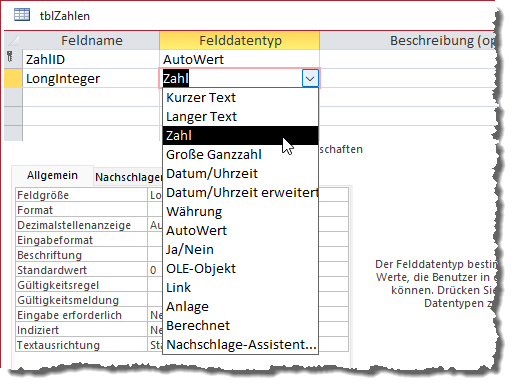 Hinzufügen eines Zahlenfeldes