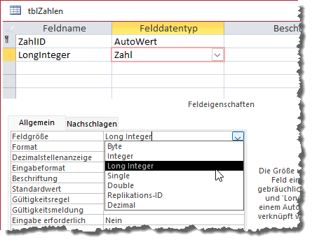 Auswählen der Feldgröße