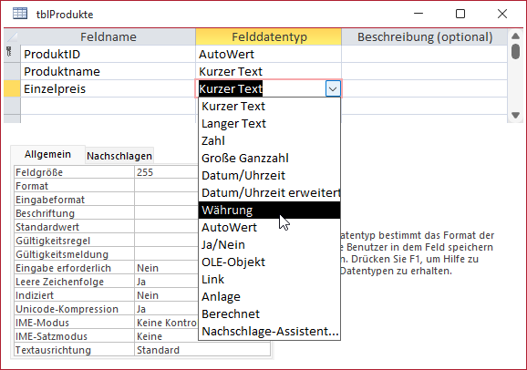 Anlegen eines Währungsfeldes
